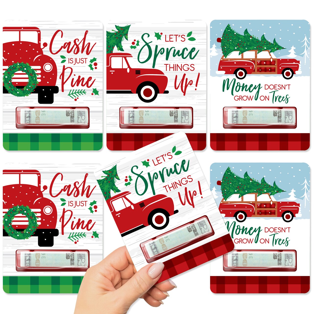 Big Dot of Happiness Merry Little Christmas Tree - DIY Assorted Red Truck and Car Christmas Party Cash Holder Gift - Funny Money Cards - Set of 6